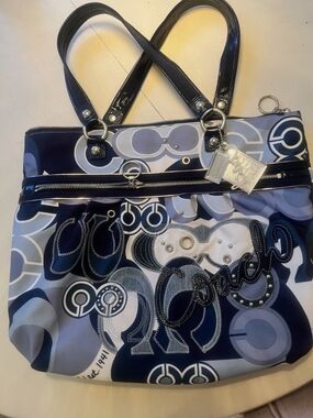 Coach Poppy Navy Blue Logo Canvas Tote with Leather Trim. "Denim" Coach Aplique